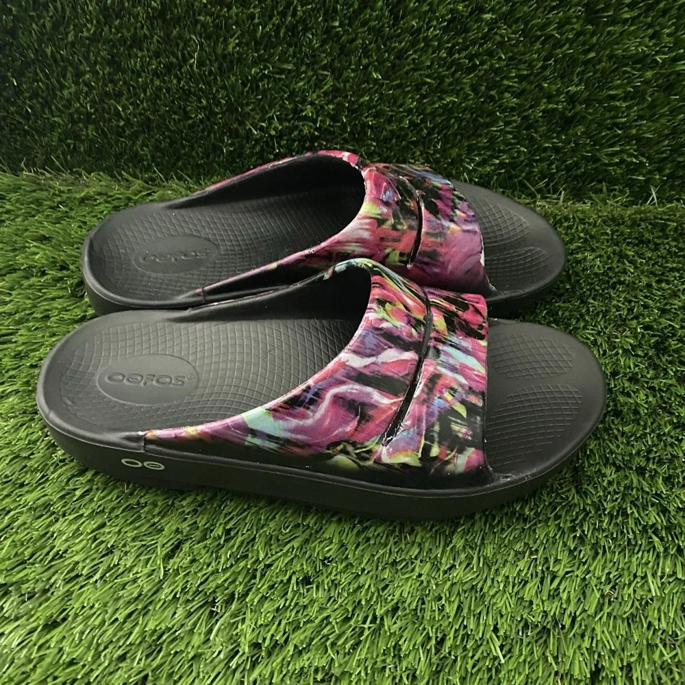 Oofos Brush Fade Sandals Recover Shoes Slides Black Purple M6/W8*